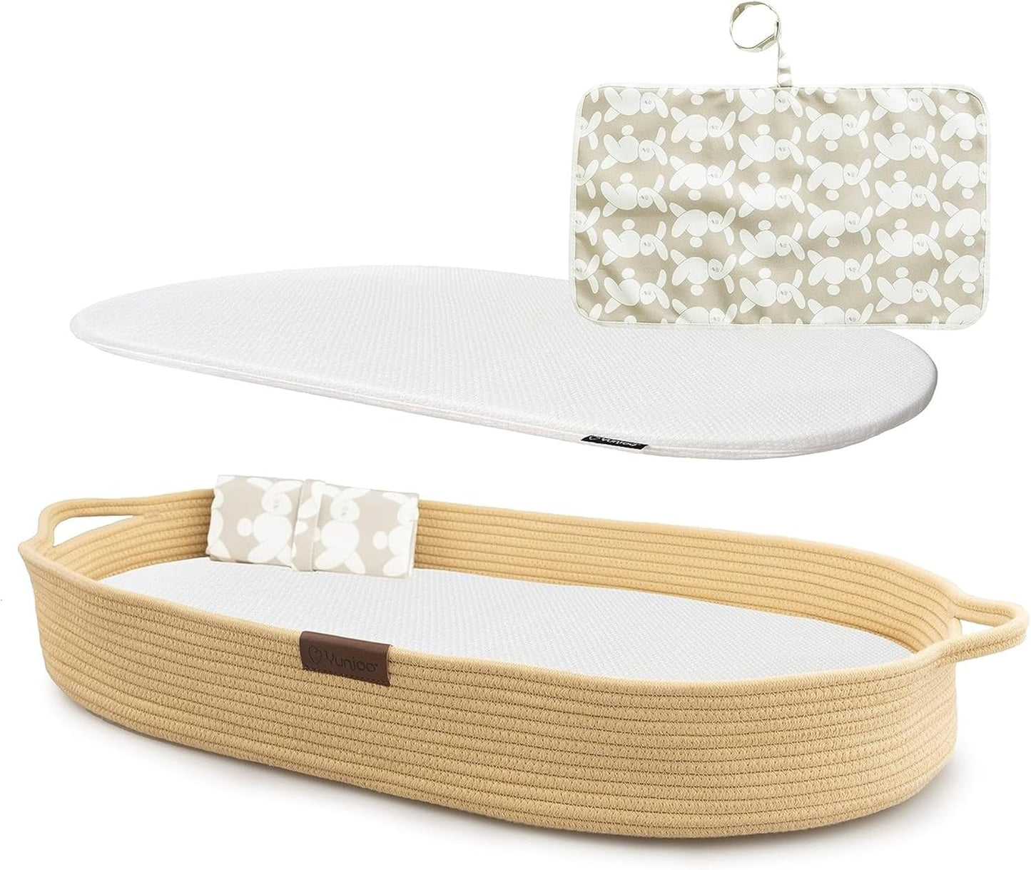 Yunioo Cesta de troca de bebê de luxo com trocador extra de viagem, trocador portátil premium com capa ultramacia, cesta de bebê de corda de algodão, trocador para cômoda