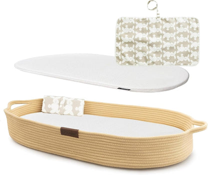 Yunioo Cesta de troca de bebê de luxo com trocador extra de viagem, trocador portátil premium com capa ultramacia, cesta de bebê de corda de algodão, trocador para cômoda