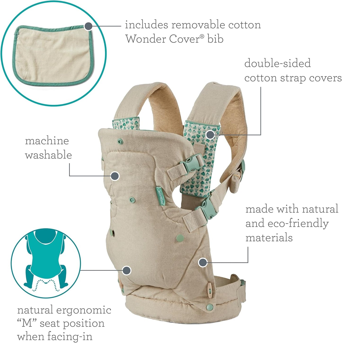 Infantino Canguru Flip 4 em 1 Nature & Nurture - Ergonômico, Conversível, Respirável, Pode ser usado virado para dentro ou para fora, na frente ou nas costas, para bebês de recém-nascidos a crianças de 3,6 a 14,5 kg, Cor Bege