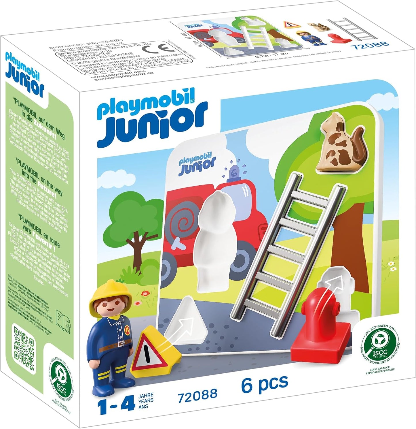 Playmobil | JUNIOR | JUNIOR: Quebra-cabeça de Bombeiro | Quebra-cabeça de madeira com bombeiro, gato e acessórios | Para crianças a partir de 1 ano | 72088