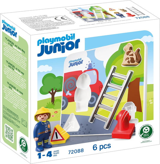 Playmobil | JUNIOR | JUNIOR: Quebra-cabeça de Bombeiro | Quebra-cabeça de madeira com bombeiro, gato e acessórios | Para crianças a partir de 1 ano | 72088