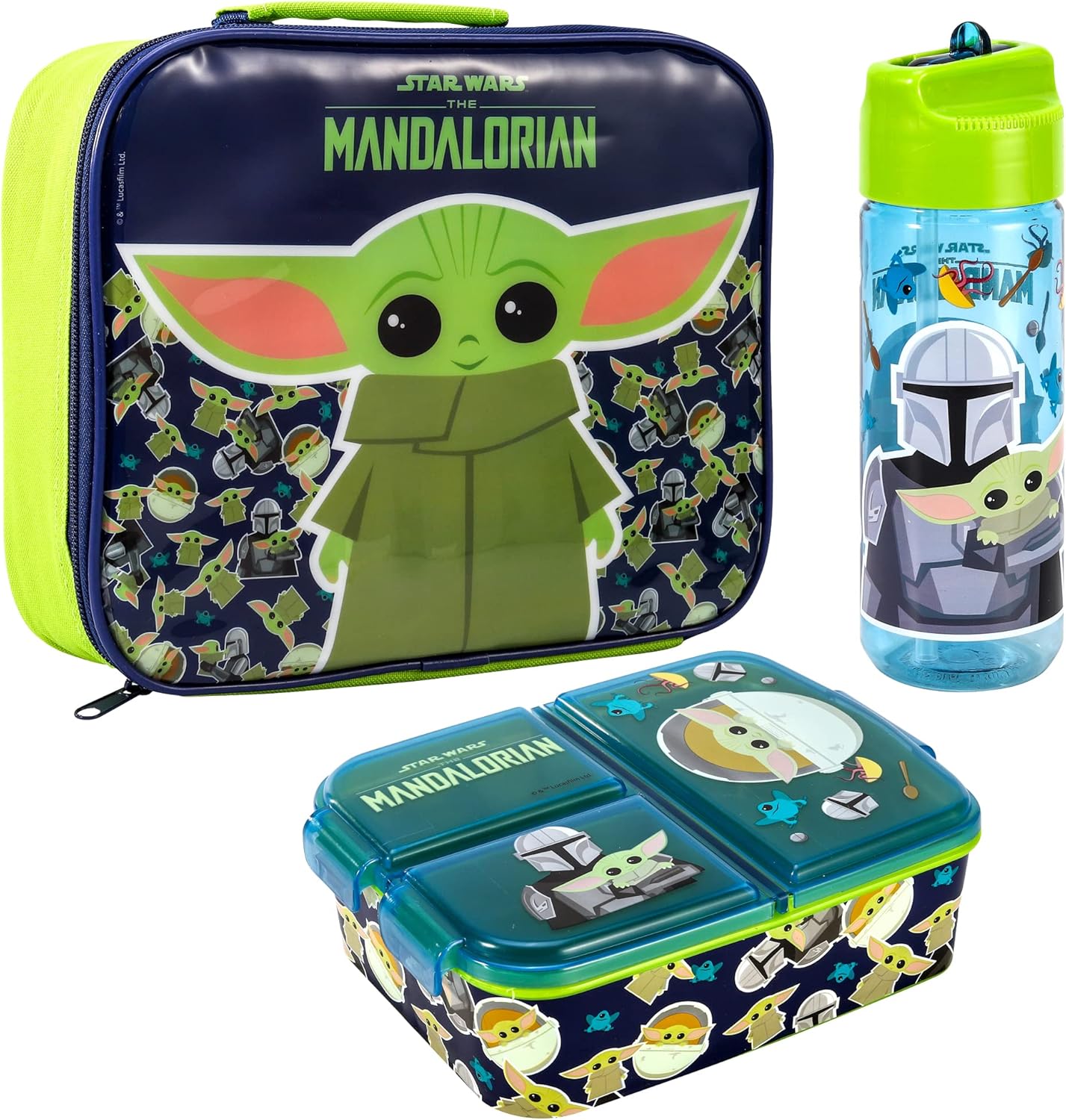 Zawadi Global Conjunto de lancheira infantil Star Wars Mandalorian Kids - lancheira isolada, lancheira com vários compartimentos e garrafa de água de 540 ml - conjunto de comida para almoço de viagem escolar,