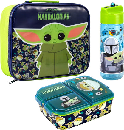 Zawadi Global Conjunto de lancheira infantil Star Wars Mandalorian Kids - lancheira isolada, lancheira com vários compartimentos e garrafa de água de 540 ml - conjunto de comida para almoço de viagem escolar,