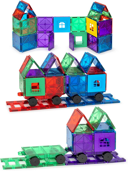 Playmags Conjunto de ladrilhos de construção magnéticos de 50 peças para crianças com 4 carros - Blocos de construção magnéticos 3D mais fortes - Conjunto de construção e ladrilhos magnéticos para crianças - Brinquedos magnéticos