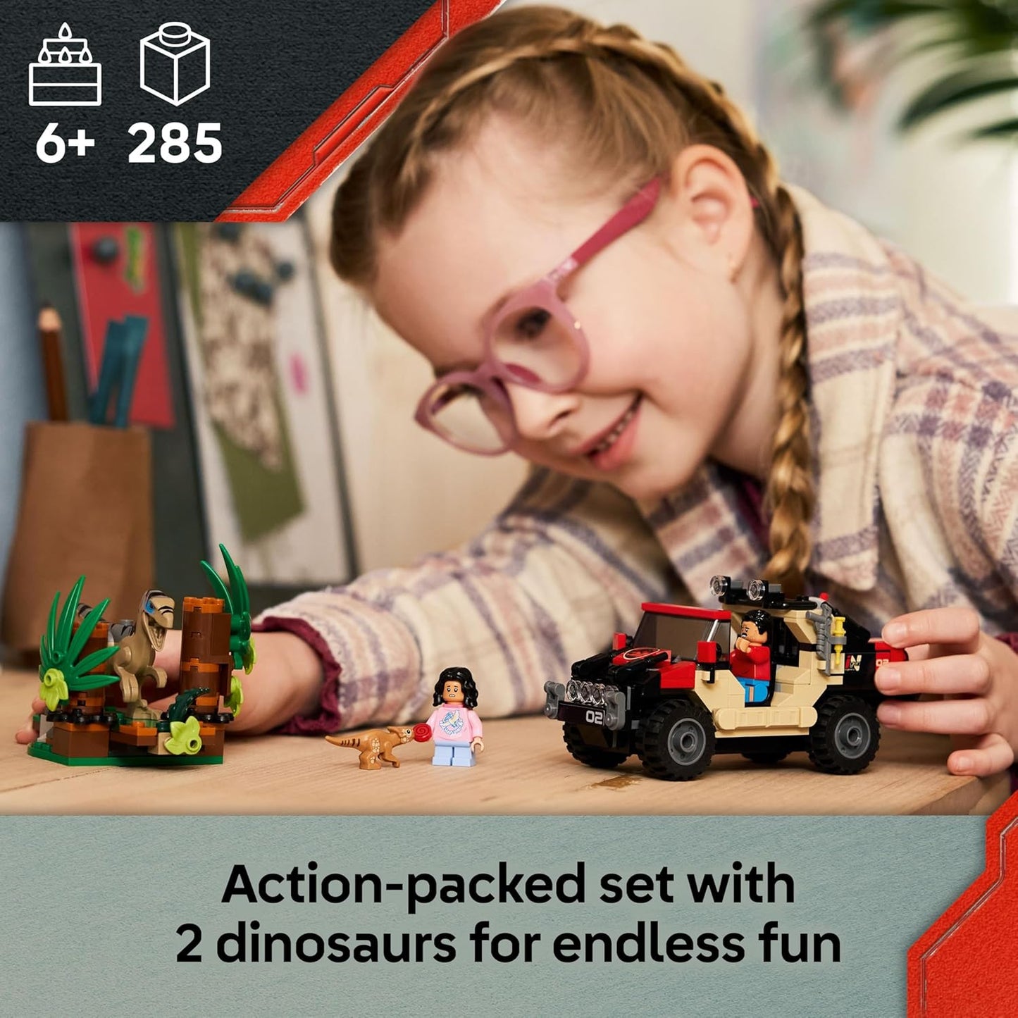 LEGO Jurassic World Raptor Off-Road Escape Dinossauro Brinquedo - inclui 2 figuras de dinossauro, carro off-road e 2 minifiguras - Presente para meninos e meninas a partir de 6 anos e fãs do filme Rebirth - 76972