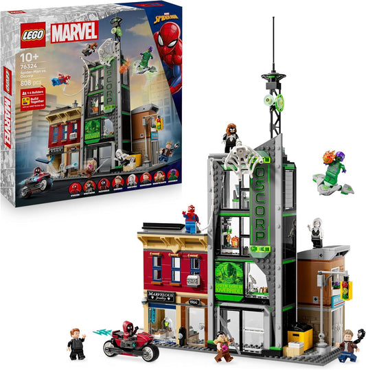 LEGO ǀ Marvel Homem-Aranha vs. Oscorp - Brinquedo interativo com uma moto, 8 minifiguras incluindo Miles Morales e Duende Verde - Presente colecionável de super-herói para meninos e fãs a partir de 10 anos - 76324