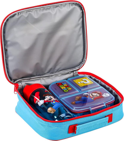 Conjunto de lancheira infantil Super Mario Kids - lancheira isolada, lancheira com vários compartimentos e garrafa de água de 580ml - conjunto de comida para almoço de viagem escolar, sem BPA