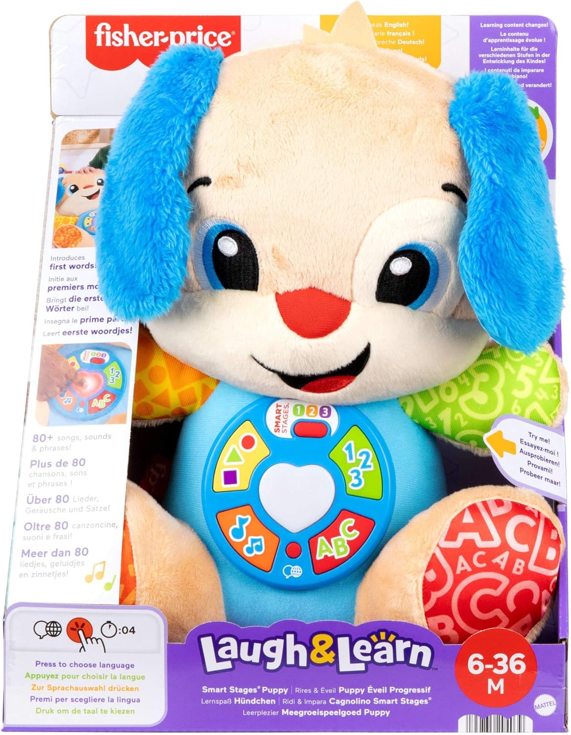 Brinquedo Educativo Fisher-Price Baby Laugh & Learn Smart Stages Cachorrinho de Pelúcia Musical com Estágios Inteligentes para Bebês a partir de 6 Meses, Versão Multilíngue: Holandês, Inglês, Francês, Alemão, Italiano, JFD20