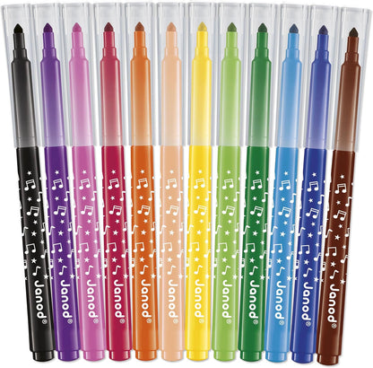 Janod - Canetas hidrográficas de longa duração - Ponta travada e cônica para diferentes espessuras de linha - Tinta lavável - Hobbies e artesanato criativos - Idades 3+