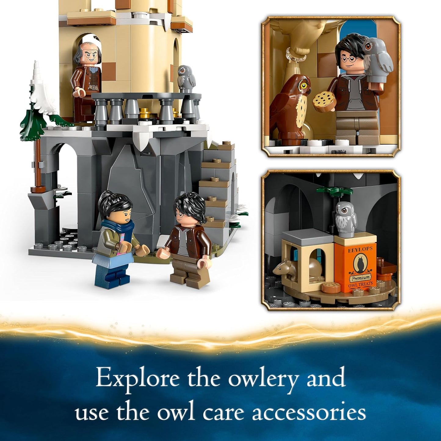 LEGO Harry Potter Hogwarts Castle Owlery, juguete de construcción para niños, niñas y niños a partir de 8 años, juego de rol que incluye 3 minifiguras de personajes, más 4 figuras de búhos, idea de regalo del Mundo Mágico 76430