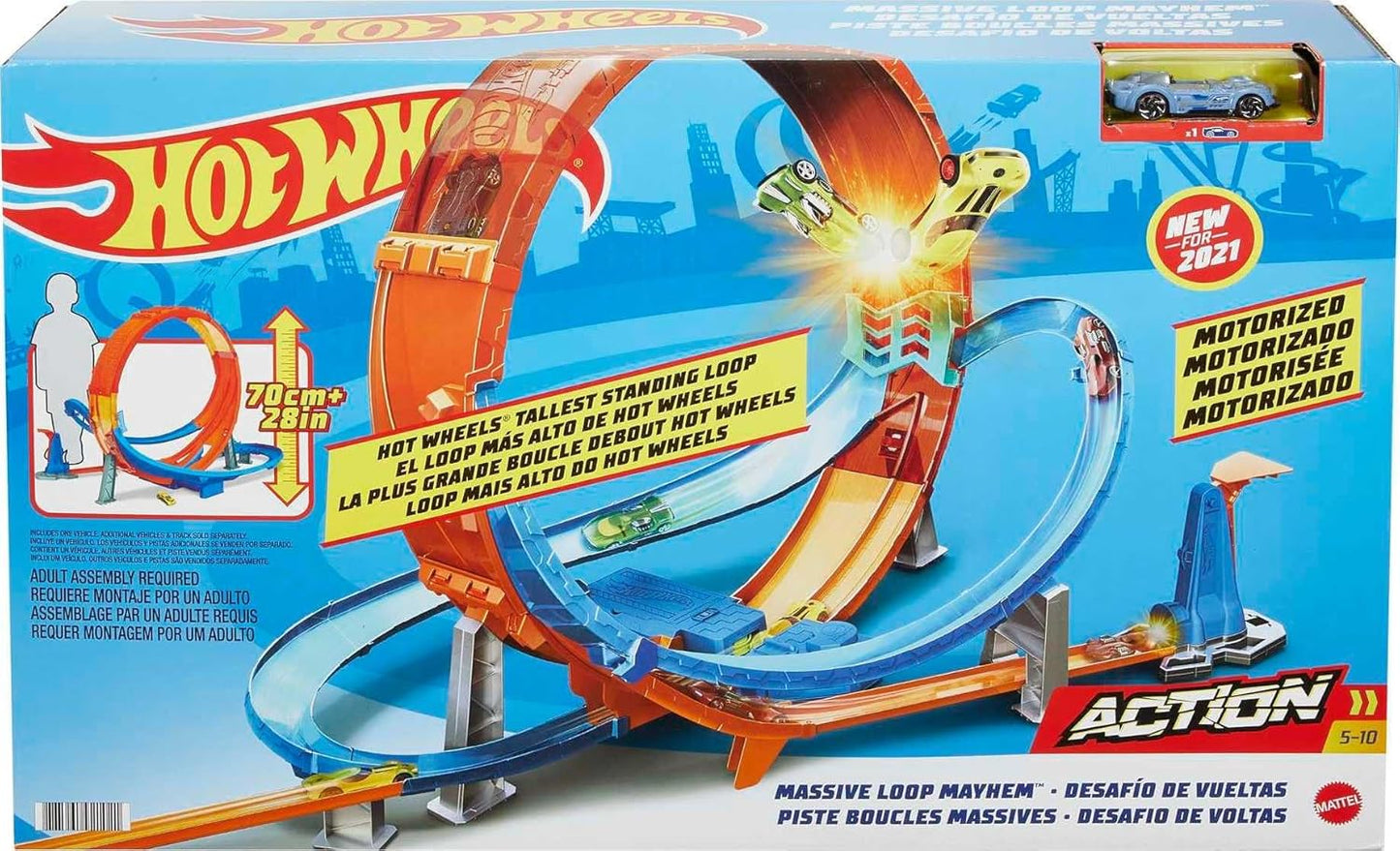 Conjunto de Pista Hot Wheels Massive Loop Mayhem com Pista Enorme de 71 cm de Altura, Lançador Loop Slam, Caixa de Bateria e 1 Carrinho Hot Wheels em Escala 1:64, Projetado para Brincar com Vários Carrinhos, Presente para Crianças a partir de 5 Anos HCB00