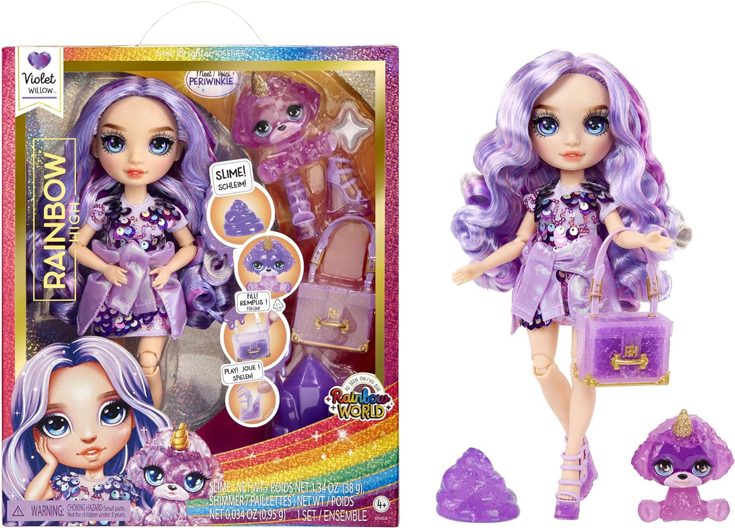 Boneca Rainbow High Fashion com Slime e Pet - Violeta (Roxo) - Boneca Shimmer de 28 cm com Sparkle Slime, Animal de Estimação Mágico e Acessórios de Moda - Brinquedo Infantil - Ótimo para idades de 4 a 12 anos
