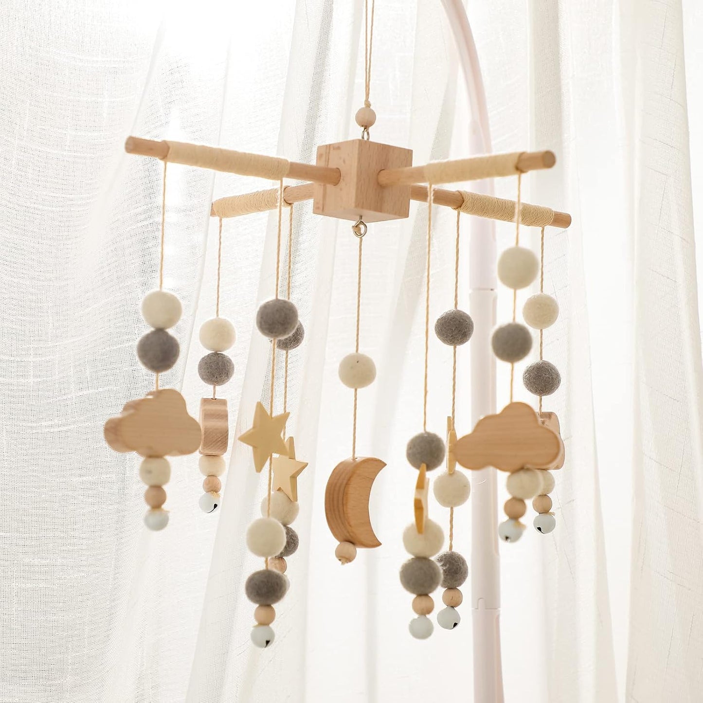 let's make Bolas móviles de madera y forro polar para bebés, campanas de viento, campanas para hamacas de guardería, regalos para recién nacidos para niñas o niños (luna gris)
