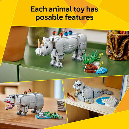 LEGO Creator 3 em 1 Animais Selvagens: Rinoceronte Majestoso com Pássaros - Figura de Animal que se Transforma em um Modelo de Hipopótamo ou uma Morsa - Presente Criativo para Meninas e Meninos a partir de 9 Anos - 31171