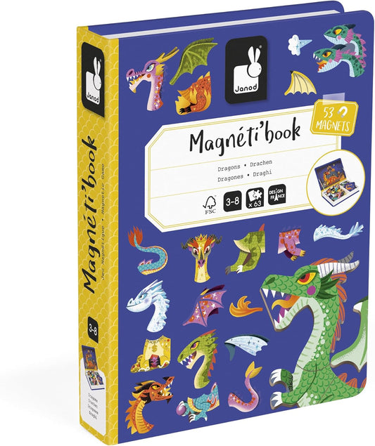 Janod - Magnéti'Book Dragões - Jogo Magnético Educativo 53 Ímãs + 10 Modelos - Brinquedo Infantil de Papelão FSC - Desenvolve Destreza e Imaginação - A partir de 3 Anos - J02527
