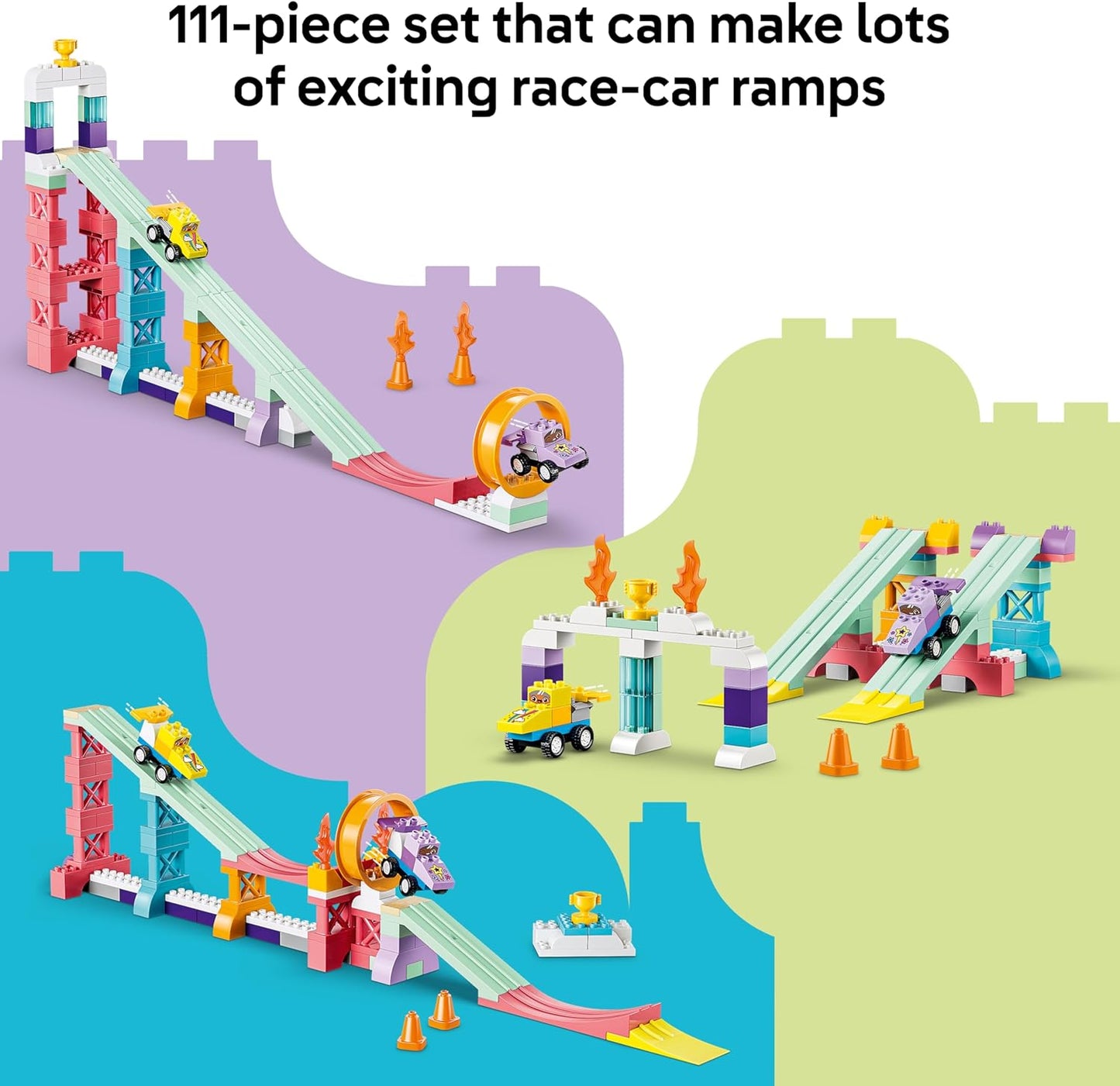 LEGO DUPLO 3 em 1 Rampas Criativas com Veículos - Brinquedo Educativo para Desenvolvimento da Coordenação Motora de Crianças Pequenas - Conjunto Montessori de Combinação de Cores com 2 Carrinhos de Corrida - Presente para Meninos e Meninas a partir