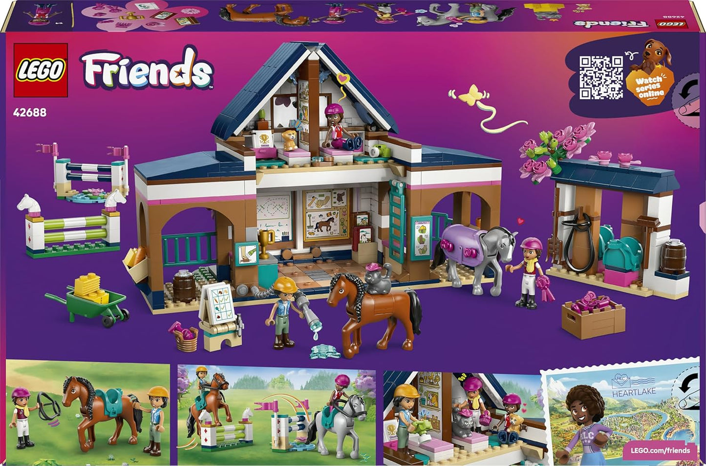 LEGO Friends Estábulo e Academia de Equitação - Conjunto de Brinquedo Educativo com 3 Mini Bonecas, 2 Figuras de Cavalos, um Cachorrinho e Acessórios de Higiene - Presente de Aniversário para Meninas a partir de 7 Anos - 42688