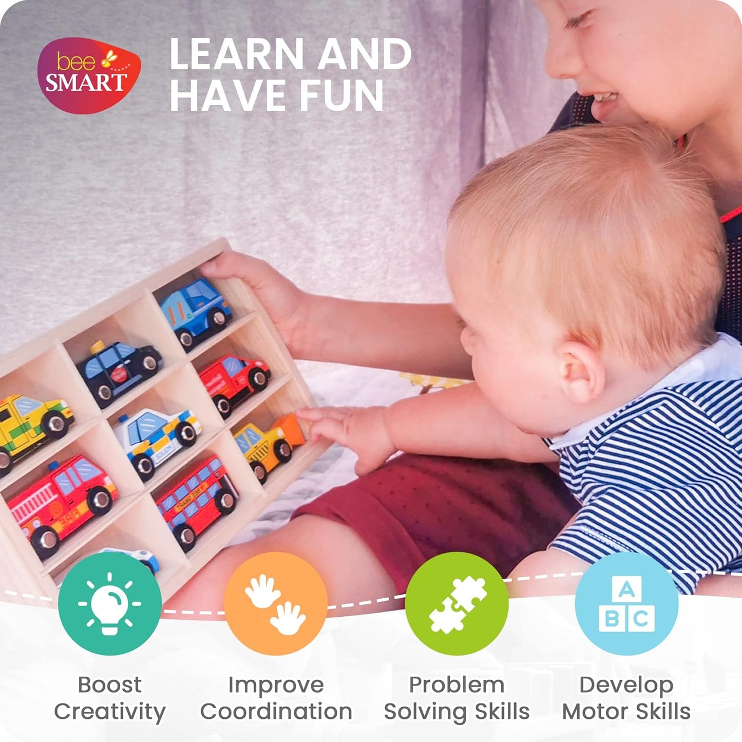 Bee Smart Carros de brinquedo de madeira - conjunto de 9 | Inclui veículo policial infantil, ônibus de Londres, táxi preto, ambulância, carro de bombeiros em caixa de madeira | Presentes de aniversário coloridos