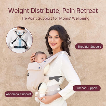 Momcozy Canguru para Bebê PureHug, 100% Algodão, para Bebês de 3 a 24 Meses, Fácil de Vestir, Ideal para Pais com as Mãos Livres, Suporte Lombar Reforçado, Cáqui