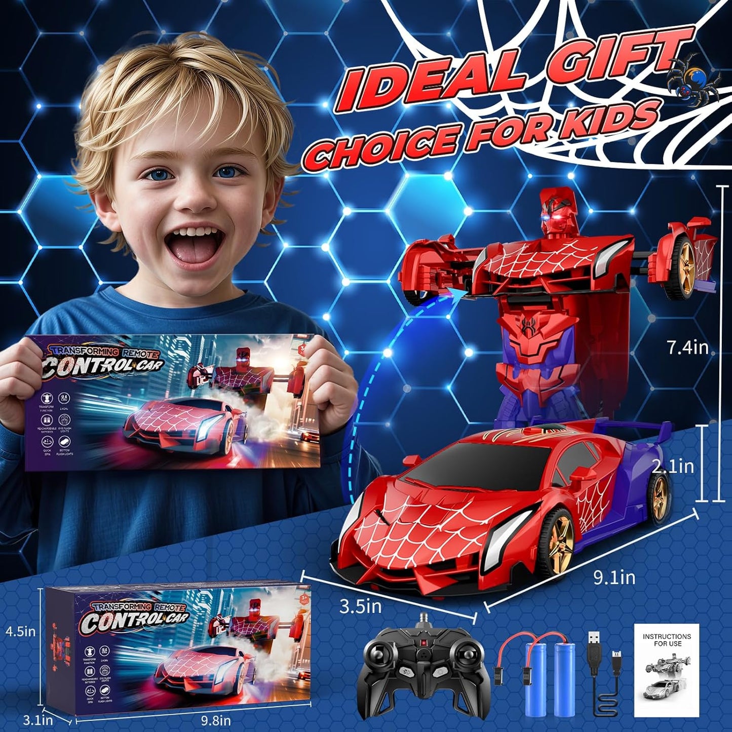 Carro Transformável com Controle Remoto com Luzes nos Olhos e na Parte Inferior, Carro Aranha RC de 2.4GHz e Robô com Transformação de Um Botão e Rotação de 360°, Brinquedo de Natal para Crianças de 3 a 12 Anos