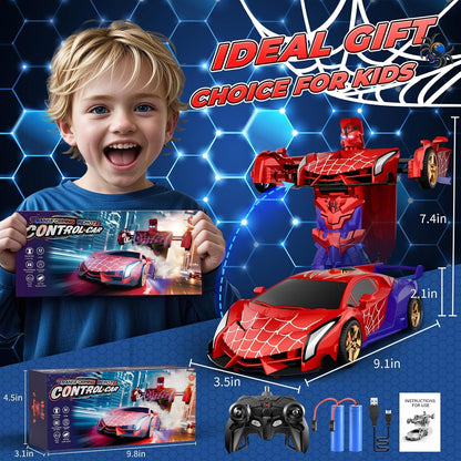 Carro Transformável com Controle Remoto com Luzes nos Olhos e na Parte Inferior, Carro Aranha RC de 2.4GHz e Robô com Transformação de Um Botão e Rotação de 360°, Brinquedo de Natal para Crianças de 3 a 12 Anos