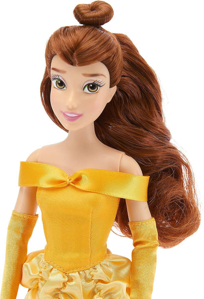 Disney Boneca Clássica Bela Store 30 cm – A Bela e a Fera, Vestido de Baile de Cetim Dourado e Articulada