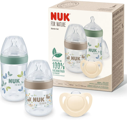 NUK para conjunto de mamadeiras e chupetas Nature Start, 0 a 6 meses, matérias-primas 100% naturais, 2 mamadeiras (150 ml e 260 ml), 2 chupetas de silicone, sem BPA, 4 contagens