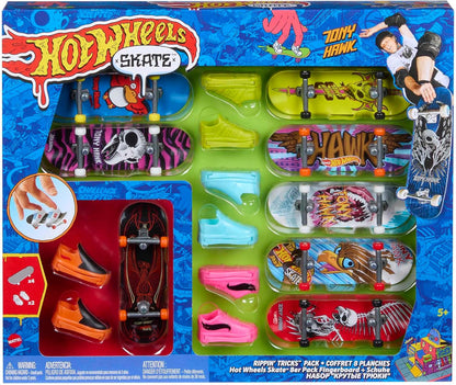 Hot Wheels Skate, 8 skates de dedo totalmente montados com tema Tony Hawk e 4 pares de tênis de skate, 1 conjunto exclusivo, pacote com 8 unidades, HMY19