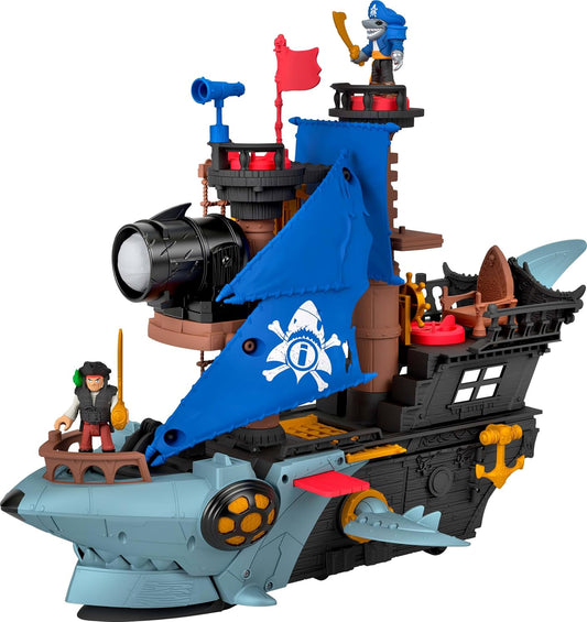 Fisher-Price Conjunto de brinquedo Imaginext Navio Pirata Mordida de Tubarão com 2 figuras de ação, barco de brinquedo com mandíbulas que mordem e lançador, 12 acessórios, JLC50