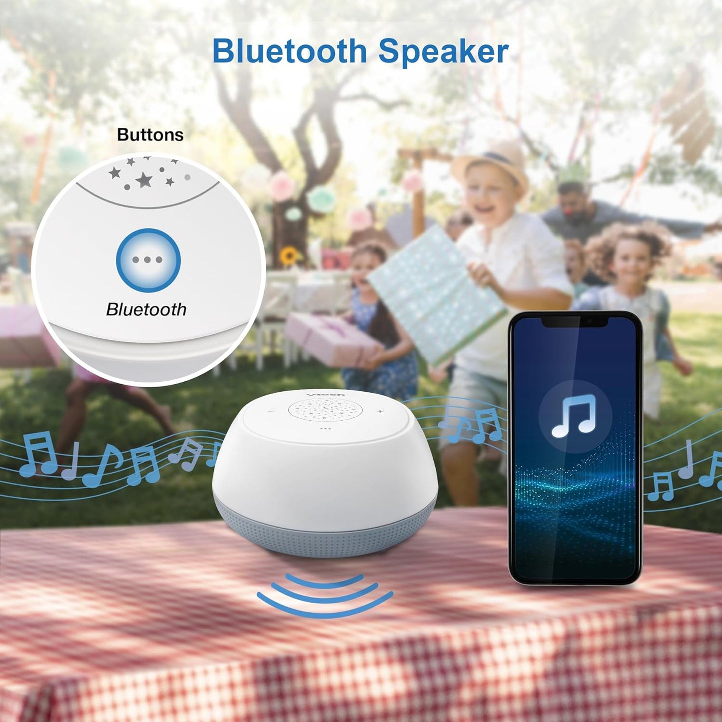 VTech BC8213 V-Hush Junior Treinamento de Sono com 40 histórias/músicas/sons e grave sua própria voz. Alto-falante portátil Bluetooth HD, luz noturna multicolorida de 250+, projetor de teto