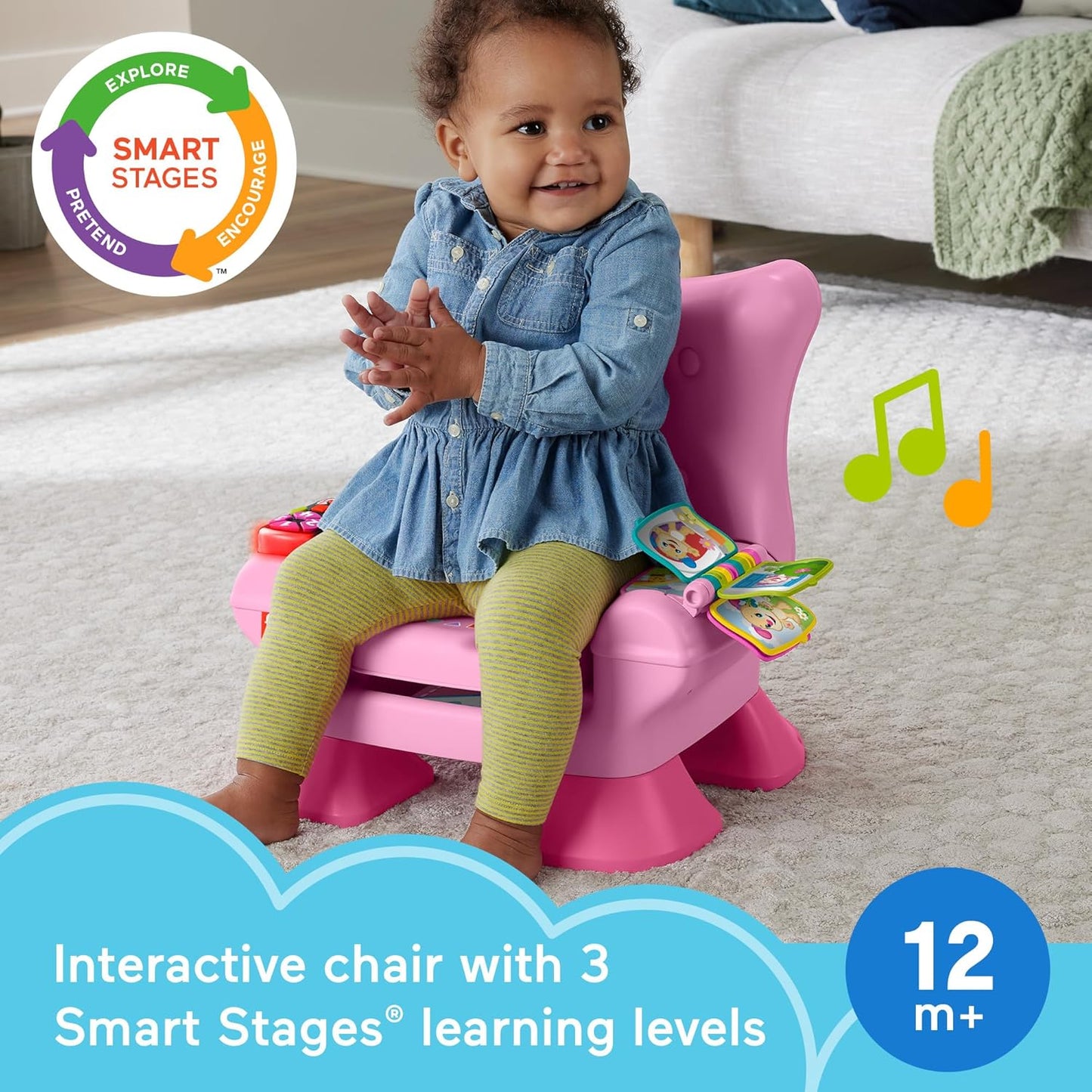 Cadeira de atividades Fisher-Price Laugh & Learn Smart Stages, rosa, com música, luzes e atividades para crianças a partir de 1 ano, versão multilíngue: inglês, francês e alemão, JFF07