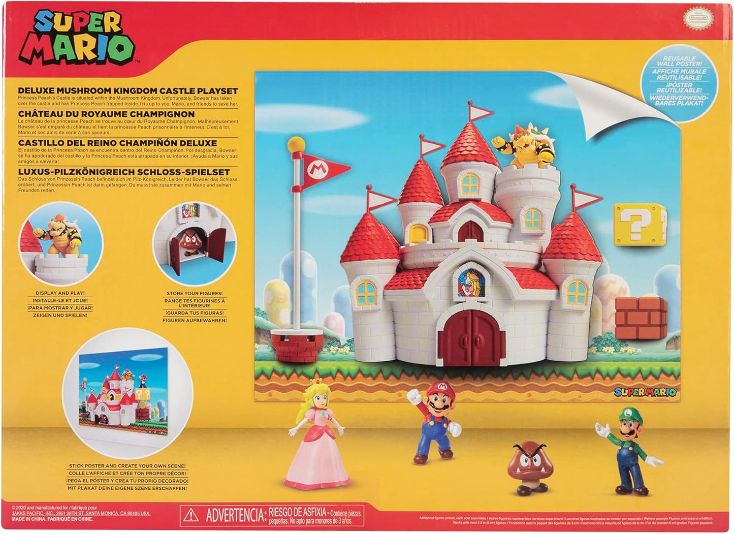 Nintendo Playset do Castelo do Reino Cogumelo da, oficialmente licenciado pela Jakks Pacific, inclui figura de ação exclusiva do Bowser de 6 cm (2,5") e acessórios, além de um pôster de parede.