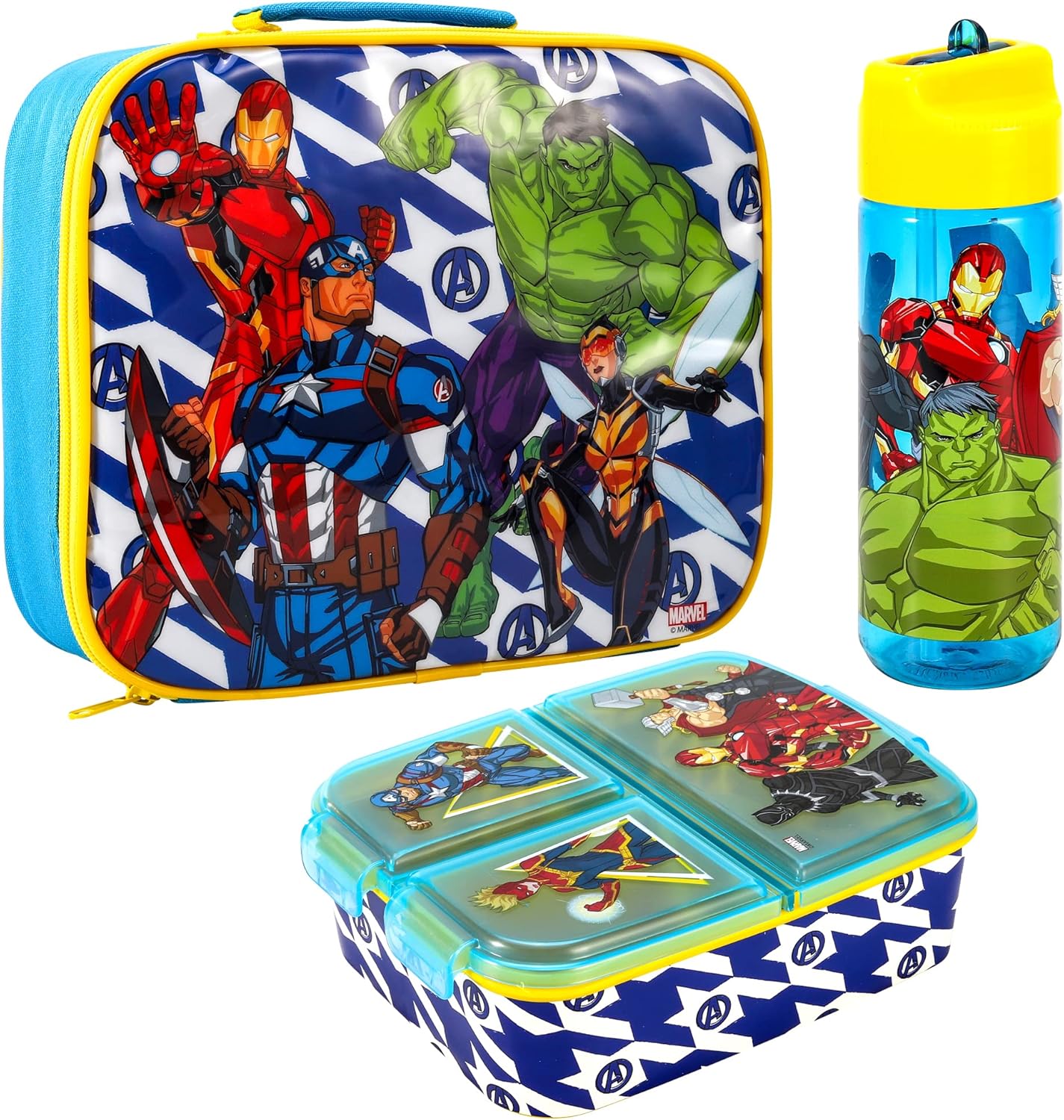 Zawadi Global Conjunto de lancheira infantil Avengers Kids - lancheira isolada, lancheira com vários compartimentos e garrafa de água de 540 ml - conjunto de comida para almoço de viagem escolar, sem BPA