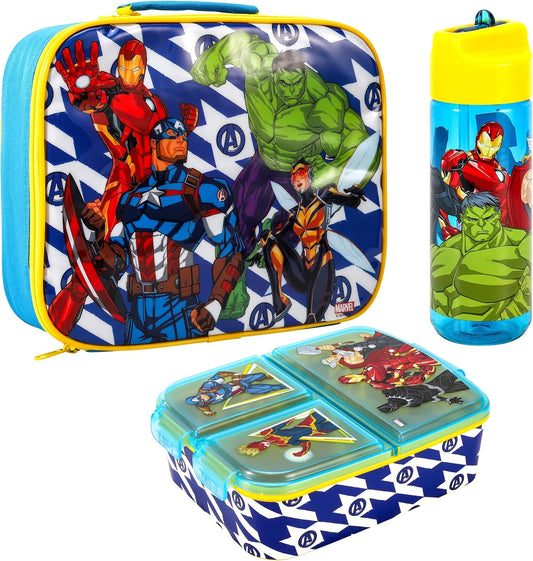 Zawadi Global Conjunto de lancheira infantil Avengers Kids - lancheira isolada, lancheira com vários compartimentos e garrafa de água de 540 ml - conjunto de comida para almoço de viagem escolar, sem BPA