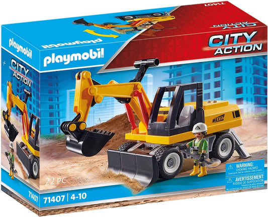 Playmobil Escavadeira de ação urbana 71407 com pá, superestrutura giratória de 360° e pés de apoio, dramatização divertida e imaginativa, conjuntos de jogos adequados para maiores de 4 anos