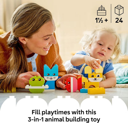 LEGO DUPLO 3 em 1 Bichinhos Criativos e Fofos - Brinquedo Educativo para Desenvolvimento da Coordenação Motora Fina em Crianças - Figuras de Animais, incluindo Cachorro, Gato, Pássaro e Peixe - Presente de Aniversário para Bebês,