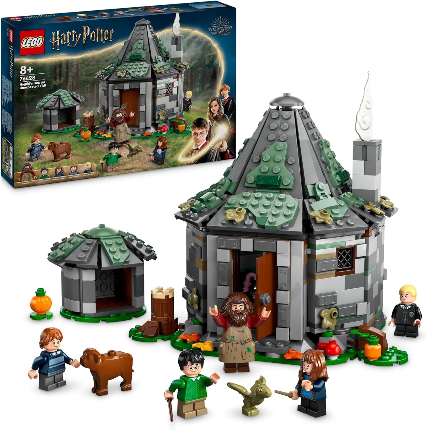 LEGO Harry Potter Cabaña de Hagrid: Una visita inesperada, Casa de juegos para niños, niños y niñas mayores de 8 años, Incluye figuras de dragón y perro, además de minifiguras de 5 personajes de Hermione y Ron, Idea de regalo 76428