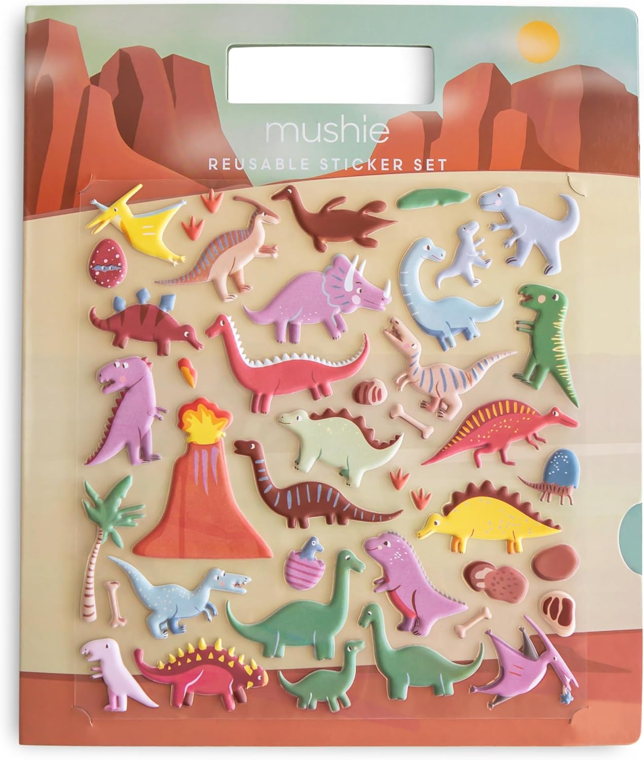 Mushie Livro de Adesivos Reutilizáveis (Dinossauro) | Adesivos Removíveis em Papel Fofo | Atividade de Artes e Ofícios para Crianças