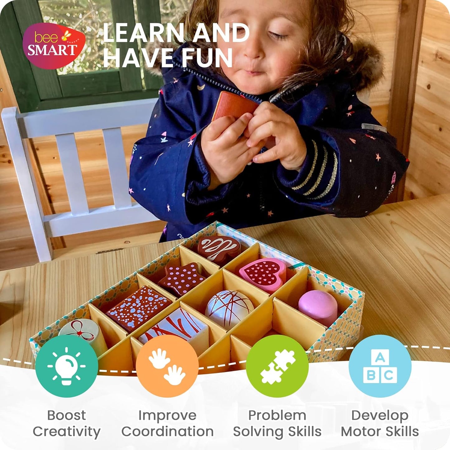 Bee Smart Caixa de madeira para chocolate doce Tea Party | Playset infantil finge brincar de comida com caixa de armazenamento de papelão resistente | Conjunto de cozinha para dramatização infantil e brincadeiras imaginárias