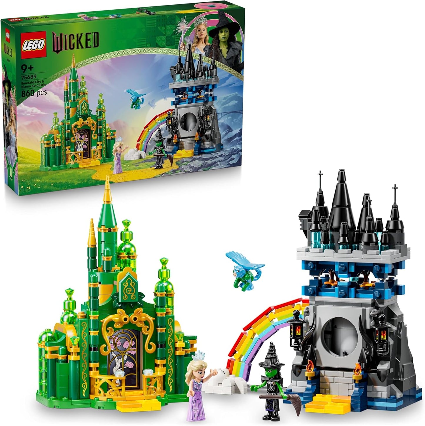 LEGO Wicked Emerald City e Castelo de Kiamo Ko - Brinquedo para Brincar e Exibir - Inclui Mini Bonecas da Elphaba e da Glinda, além de um Macaco e Acessórios - Presente para Meninas a partir de 9 Anos e Fãs do Filme - 75689
