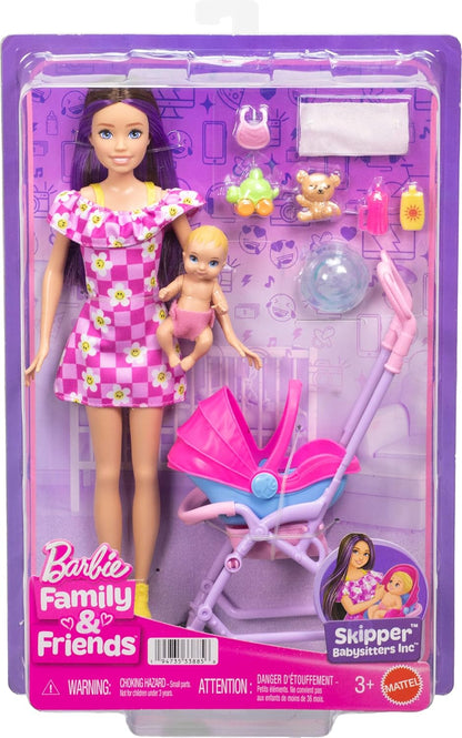 Barbie Conjunto Skipper Babysitters Inc. com boneca morena, boneca bebê loira, carrinho de bebê com cadeirinha removível e 7 acessórios, JJB42
