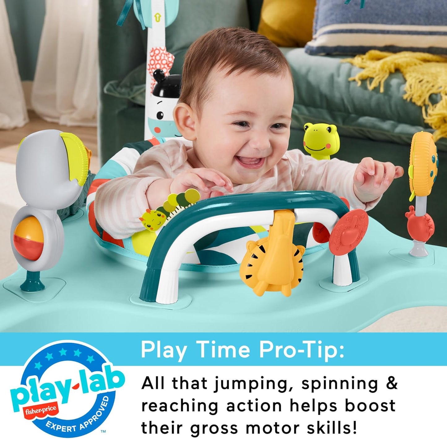 Fisher-Price Centro de atividades Baby Bouncer Colorful Corners Jumperoo com música, luzes, sons e brinquedos educativos, HNX59