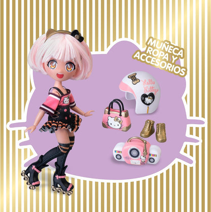 Hello Kitty 4SF Famosa Golden Diva Roller, boneca japonesa fashion com visual de patins, figura de 19,5 cm com 15 pontos de articulação, inclui capacete, bolsa, acessórios musicais e botas (HKTF1000)