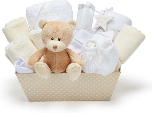 Cesta para Bebê Menino – Conjunto de 17 peças para recém-nascido com pelúcia | Ideal para chás de bebê, revelação de gênero e presente de batizado