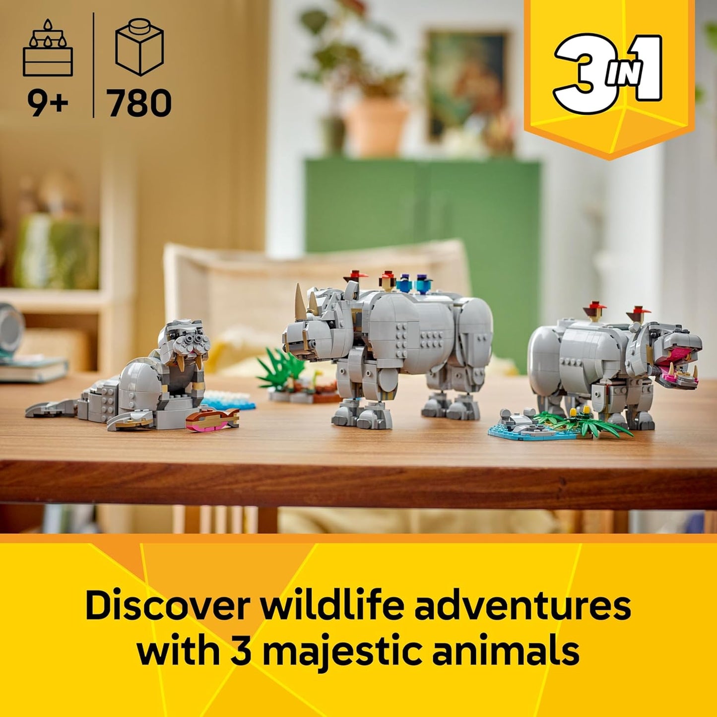 LEGO Creator 3 em 1 Animais Selvagens: Rinoceronte Majestoso com Pássaros - Figura de Animal que se Transforma em um Modelo de Hipopótamo ou uma Morsa - Presente Criativo para Meninas e Meninos a partir de 9 Anos - 31171