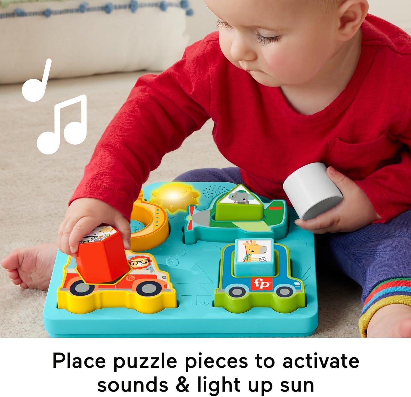 Brinquedo de encaixe Fisher-Price para bebês: Quebra-cabeça de veículos com formas, sons, música e luzes para desenvolvimento da coordenação motora fina, a partir de 9 meses, HRP31