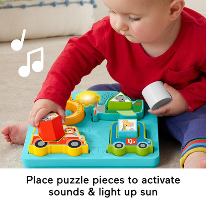 Brinquedo de encaixe Fisher-Price para bebês: Quebra-cabeça de veículos com formas, sons, música e luzes para desenvolvimento da coordenação motora fina, a partir de 9 meses, HRP31