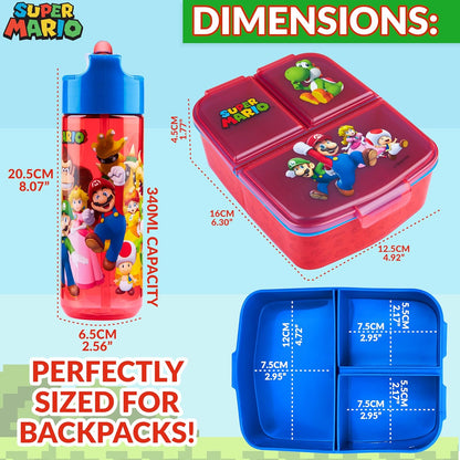 Super Mario Kids Lunchbox with Compartments & Water Bottle, School, Day Trips