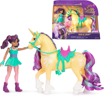 Unicorn Academy Conjunto Ava & Leaf com 2 acessórios de montaria e ferramenta de penteado, bonecas e brinquedos de unicórnio para meninas a partir de 4 anos.