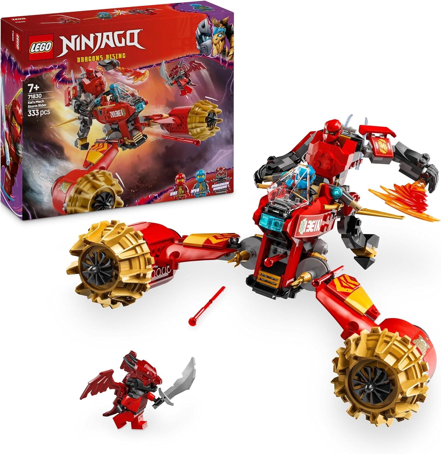 LEGO NINJAGO Kai’s Mech Storm Rider - Brinquedo ninja com uma motocicleta voadora, boneco de ação e 3 minifiguras - Ideia de presente de aniversário para meninos, meninas e fãs em ascensão de dragões com mais de 7 anos